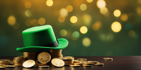 St. Patrickâs Day. Green and gold coins background. Clover, shamrock. Cardd template. Bannerの素材