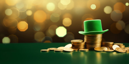 St. Patrickâs Day. Green and gold coins background. Clover, shamrock. Cardd template. Bannerの素材
