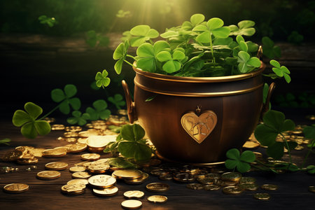 St. Patrickâs Day. Green and gold coins background. Clover, shamrock. Cardd template. Bannerの素材
