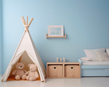 Nursery interior. Bed, toys, photo frame backdrop. Boys blue bedroom. Children's Playroomの素材