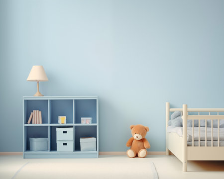 Nursery interior. Bed, toys, photo frame backdrop. Boys blue bedroom. Children's Playroomの素材