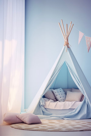 Nursery interior. Bed, toys, photo frame backdrop. Boys blue bedroom. Children's Playroomの素材
