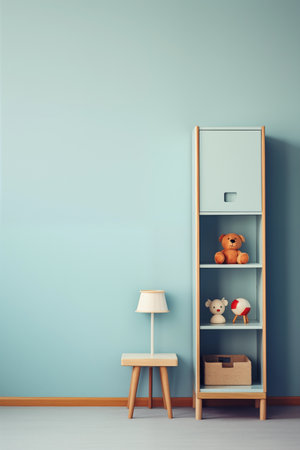 Nursery interior. Bed, toys, photo frame backdrop. Boys blue bedroom. Children's Playroomの素材