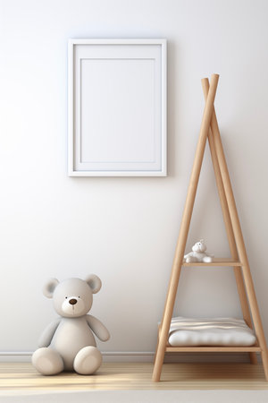 Nursery interior. Bed, toys, photo frame backdrop. White bedroom. Children's Playroomの素材