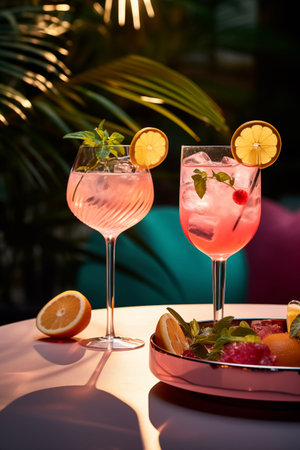 Summertime, vacation. Summer drinks cocktails. Glasses of cocktails on bar background. Bar, kafe, shots. Party time. Celebratingの素材