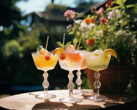 Summertime, vacation. Summer drinks cocktails. Glasses of cocktails on bar background. Bar, kafe, shots. Party time. Celebratingの素材