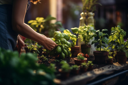 Community vegetable garden, Balcony urban gardening bio cultivation. Farmer holding fresh young plant. Planting vegetables and herbsの素材
