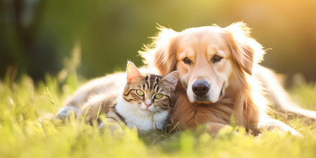 Dog and cat on green grass. Shelter pets, animals. Veterinary, zooclinic, goods for animals.の素材