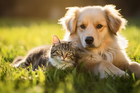 Dog and cat on green grass. Shelter pets, animals. Veterinary, zooclinic, goods for animals.の素材