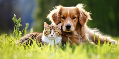 Dog and cat on green grass. Shelter pets, animals. Veterinary, zooclinic, goods for animals.の素材