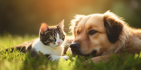 Dog and cat on green grass. Shelter pets, animals. Veterinary, zooclinic, goods for animals.の素材