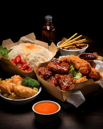 Take away food, variety of healthy meals. Healthy food delivery. Food container. Take Out meal. Lunchboxesの素材