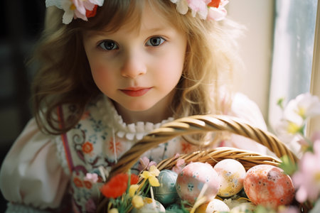 Easter Monday card. Happy Easter backdrop baby with eggs. Kids eggs huntingの素材