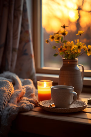 Mother's Day card. International Women's Day. Cozy morning. White Day. Coffee in bed.の素材