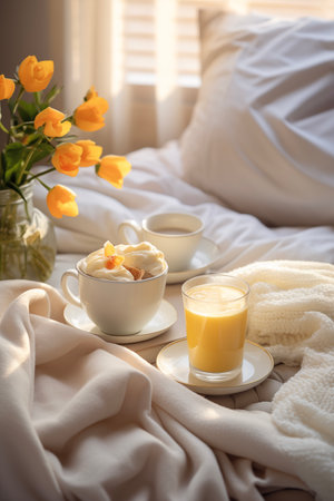 Mother's Day card. International Women's Day. Cozy morning. White Day. Coffee in bed.の素材