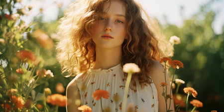 Mother's Day card. International Women's Day. Summertime, summer background. Girl in flowers fieldの素材