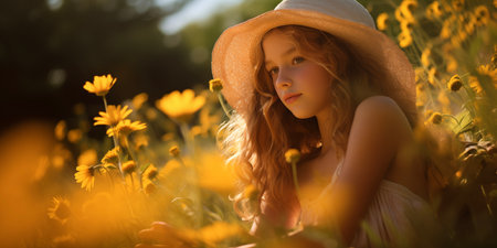 Mother's Day card. International Women's Day. Summertime, summer background. Girl in flowers fieldの素材