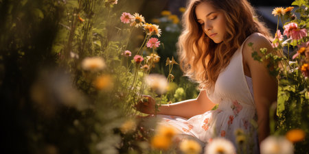 Mother's Day card. International Women's Day. Summertime, summer background. Girl in flowers fieldの素材