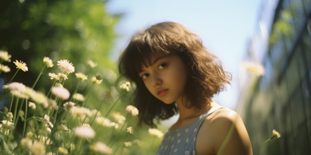 Mother's Day card. International Women's Day. Summertime, summer background. Girl in flowers fieldの素材