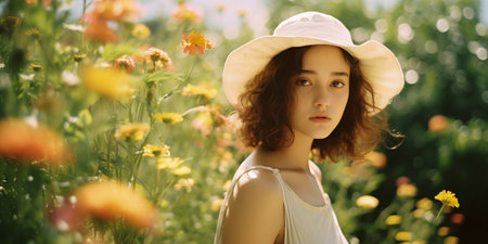 Mother's Day card. International Women's Day. Summertime, summer background. Girl in flowers fieldの素材