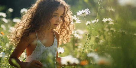 Mother's Day card. International Women's Day. Summertime, summer background. Girl in flowers fieldの素材