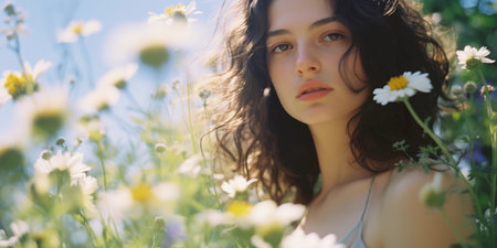 Mother's Day card. International Women's Day. Summertime, summer background. Girl in flowers fieldの素材