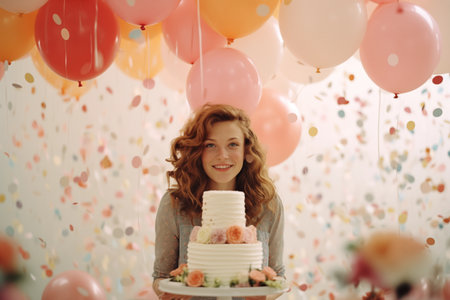Cake Smash party. Balloons backdrop with cake. Happy birthday celebrating . Decoration birthday photo zoneの素材