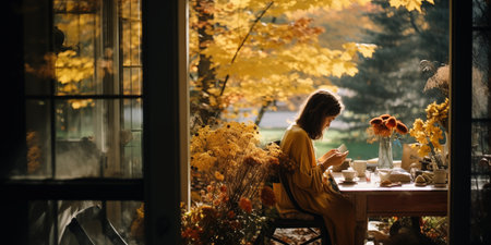 Cozy Autumn woman. Falling leaves backdrop. Park, nature, outdoor. Decoration Halloween backgroundの素材