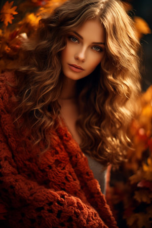 Cozy Autumn woman. Falling leaves backdrop. Park, nature, outdoor. Decoration Halloween backgroundの素材