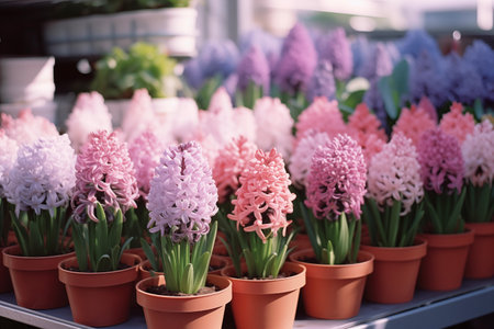 Spring flowers in pots. Happy Easter background. Seedlings and gardening, flower shop. Mother's Day. International Women's Dayの素材