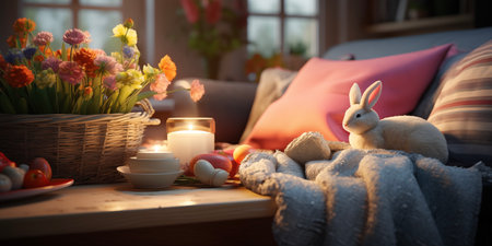 Cozy Easter card template. Flowers and eggs, bunny, rabbit. Happy Easter backdrop. Spring celebrations backgroundの素材