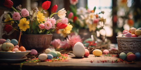 Cozy Easter card template. Flowers and eggs, bunny, rabbit. Happy Easter backdrop. Spring celebrations backgroundの素材