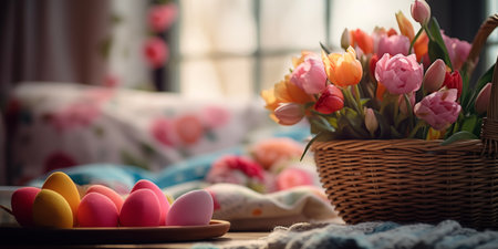 Cozy Easter card template. Flowers and eggs, bunny, rabbit. Happy Easter backdrop. Spring celebrations backgroundの素材