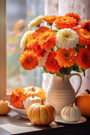 Cozy Autumn pumpkins. Thanksgiving backdrop. Composition with flowers and pumpkins on window background. Decoration Halloween backgroundの素材