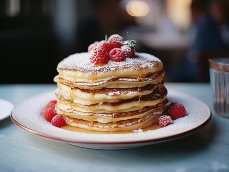 Pancakes with berries and syrup. Maslenitsa Pancake week. Healthy breakfast. Cozy morningの素材