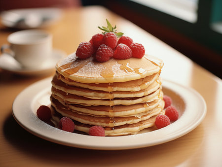 Pancakes with berries and syrup. Maslenitsa Pancake week. Healthy breakfast. Cozy morningの素材