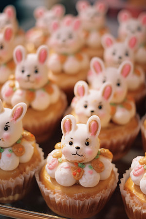 Easter baking background. Happy Easter backdrop card. Easter bread. Festive Easter cake. Tasty Easter cupcakesの素材