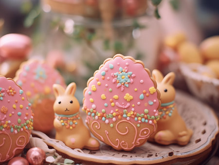 Easter baking background. Happy Easter backdrop card. Easter bread. Festive Easter kulich. Tasty Easter gingerbreadの素材