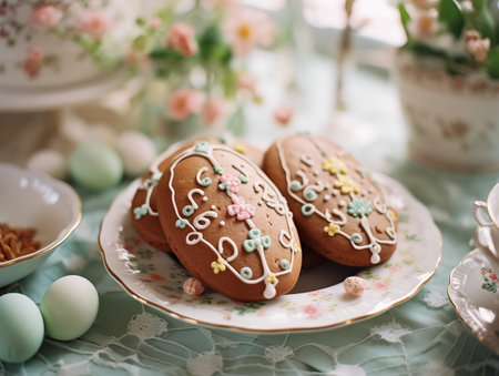 Easter baking background. Happy Easter backdrop card. Easter bread. Festive Easter kulich. Tasty Easter gingerbreadの素材
