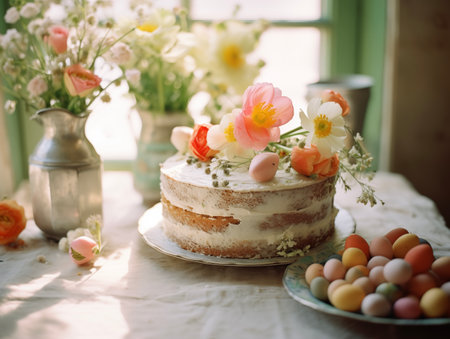 Easter baking background. Happy Easter backdrop card. Easter bread. Festive Easter kulich. Tasty Easter gingerbreadの素材