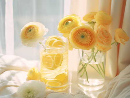 Lemonade and flowers on table. Mason jar glass of lemonade with lemons. Concept of spring and summer season background. Healthy Food and Drink. Cozy morningの素材