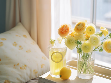 Lemonade and flowers on table. Mason jar glass of lemonade with lemons. Concept of spring and summer season background. Healthy Food and Drink. Cozy morningの素材