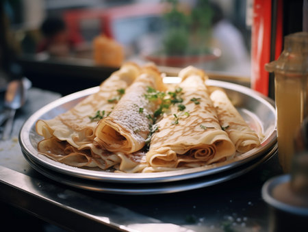 Crepes, pancakes with berries. Maslenitsa Pancake week. Healthy breakfast. Cozy morning.の素材