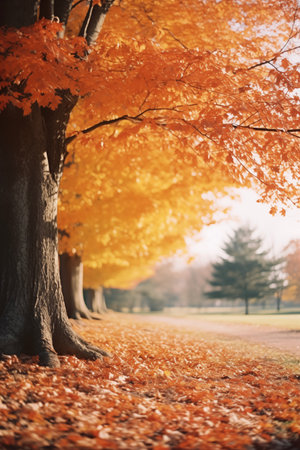 Cozy Autumn. Weather backdrop. Autumn leaves, rain. Fall, park, trees, outdoor backgroundの素材