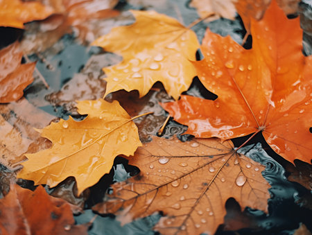 Cozy Autumn. Weather backdrop. Autumn leaves, rain. Fall, park, trees, outdoor backgroundの素材