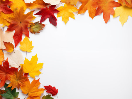 Cozy Autumn. Weather backdrop. Autumn leaves. Frame of colorful  leaves on colour background. Back to school backgroundの素材