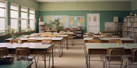 Back to school background. Home study, studentship. Education and knowledge. Homeschooling. Colourful classroom backdrop. Autumn, Septemberの素材