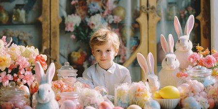 Cozy Easter card template. Flowers and eggs. Happy Easter backdrop. Spring celebrations backgroundの素材