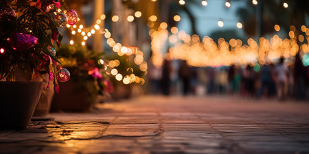 Street with garlands in evening, blurred background. City, town backdropの素材
