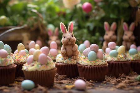 Easter  background. Happy Easter backdrop card. Easter baked. Festive Easter. Tasty Easter cupcakes.の素材